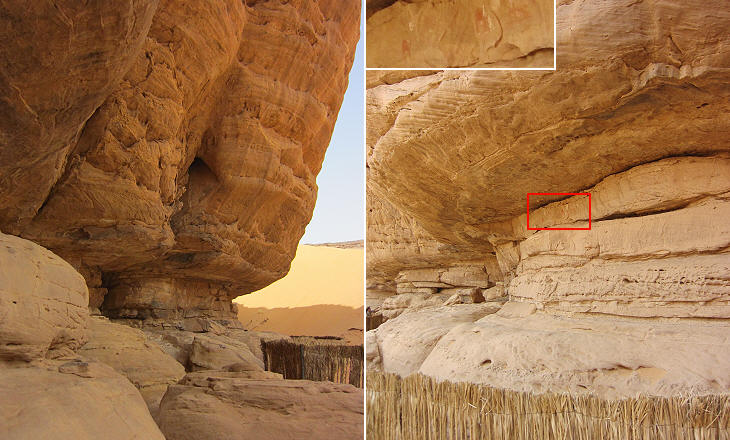 Rocks where paintings have been found; the inset shows an enlargement of a section with paintings