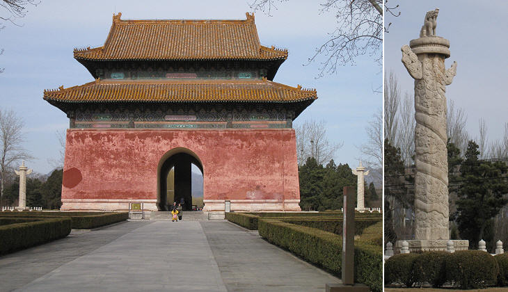 (left) Shengong Shengde Stela Pavilion; (right) one of the huabiao (pillars of glory) placed near the pavilion