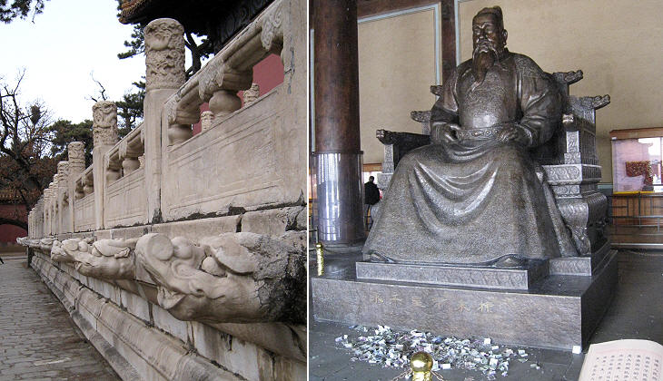 (left) Detail of the balustrade; (right) modern statue of Emperor Yongle
