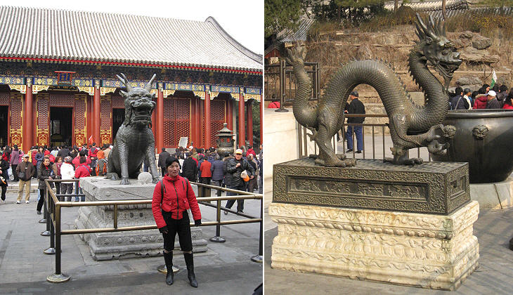 Two bronze statues of mythical animals: that on the left is a qilin