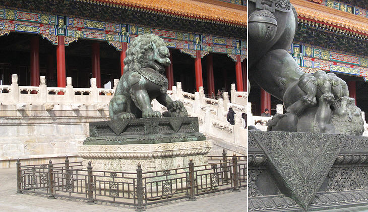 Gate of Supreme Harmony: bronze she-lion and detail of its cub