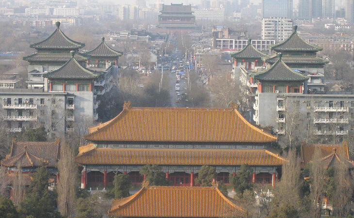 Di'anmen Gate (foreground) and Drum Tower (background) seen from Jingshan Hill