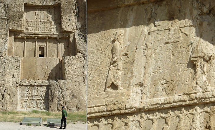 Tomb of Darius the Great (left) and detail showing its upper part with a long inscription (right)