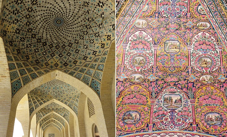 Nasir-al Molk Mosque: (left) a porch in front of the winter prayer hall; (right) tile decoration