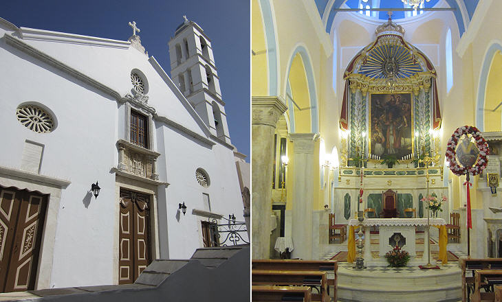 St. Nicholas' in modern Tinos: (left) façade; (right) interior
