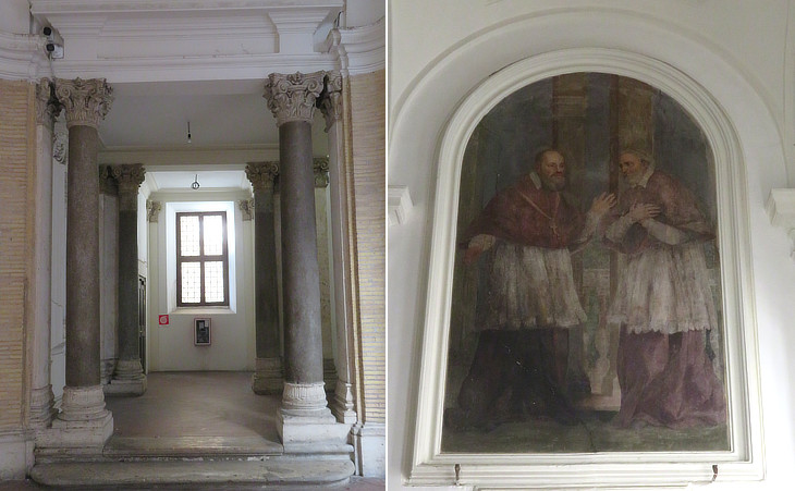 (left) Passage leading to the stairs; (right) fresco portraying St. Philip Neri
