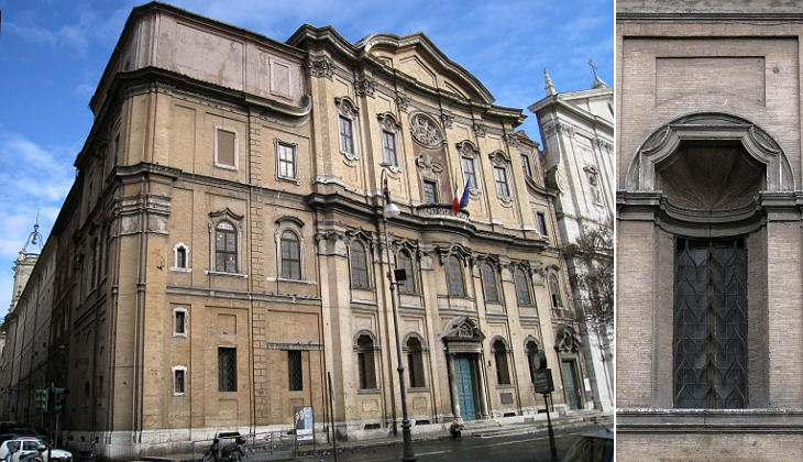 (left) Façade and side on Via dei Filippini; (right) detail of a window