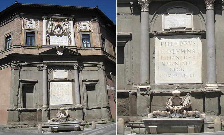 (left) Decorated façade; (right) fountain and inscription of the Colonna