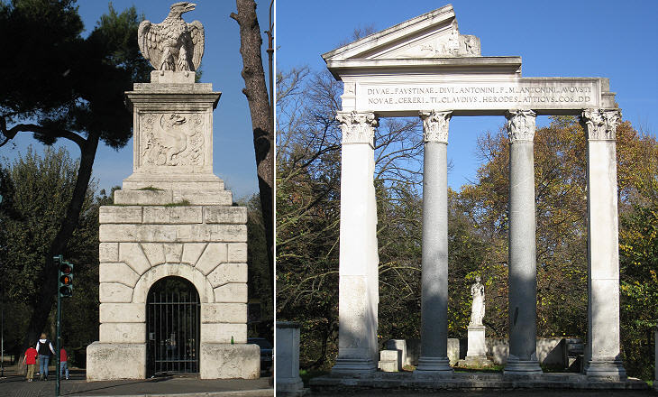 (left) One of the two pillars at the modern entrance to Villa Borghese; (right) Tempio di Annia Faustina e Cerere