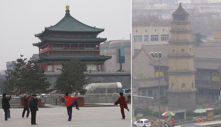 (left) Bell Tower; (right) a pagoda near the Southern Gate